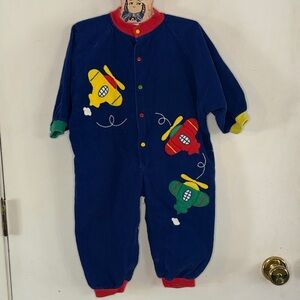 Vintage blue corduroy one piece romper with airplane appliqués Size 24 Months